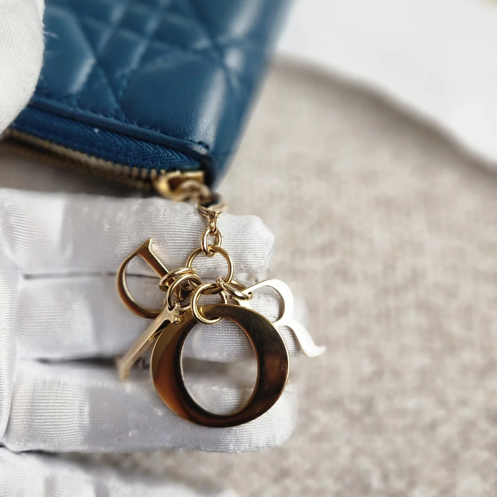 Dior Blue Quilted Leather Zip Key Pouch with Gold Charm